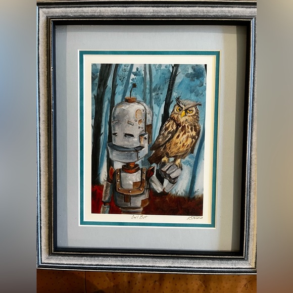 Framed Owl and Robot Art Print by Austin artist -Lisa Briere